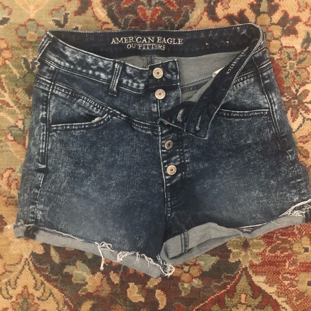 AE high rise acid wash button up shorts